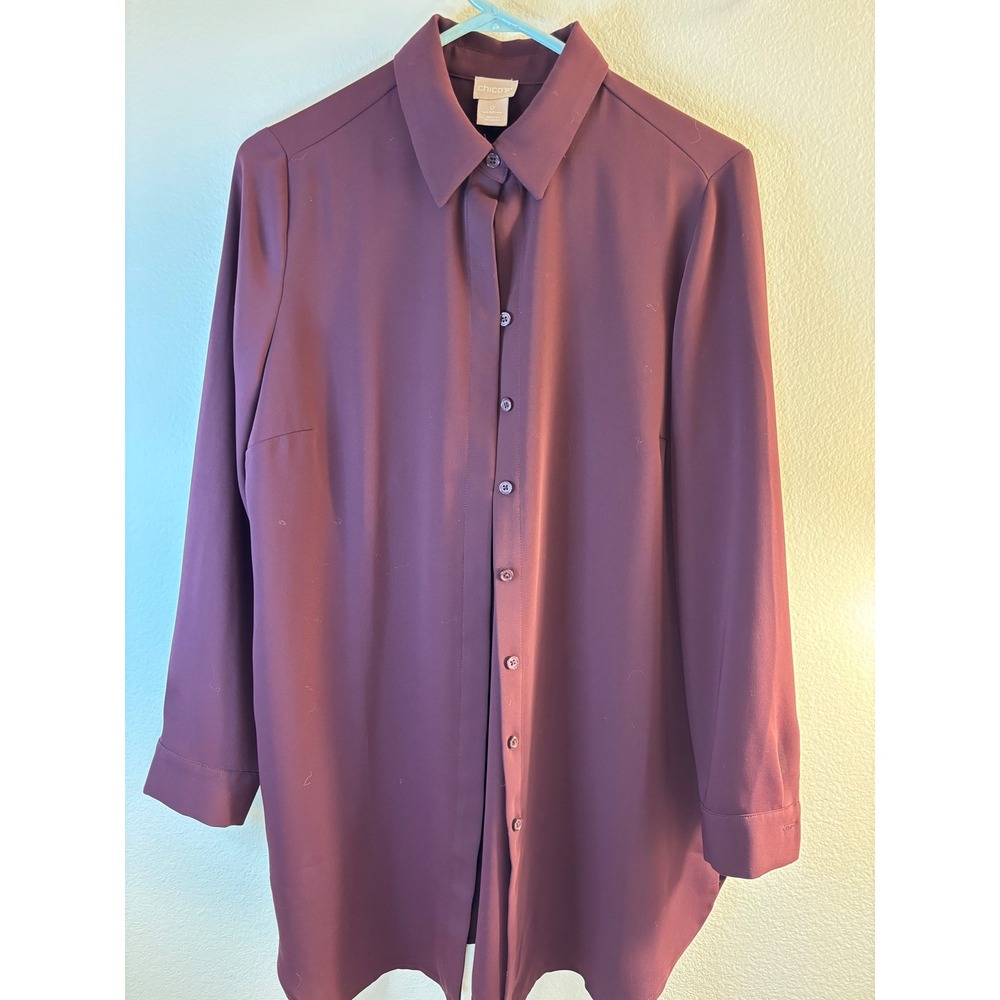 Chico's Plum Burgundy Long Sleeve Button Down Pleated Back Tunic Top Size 0 S